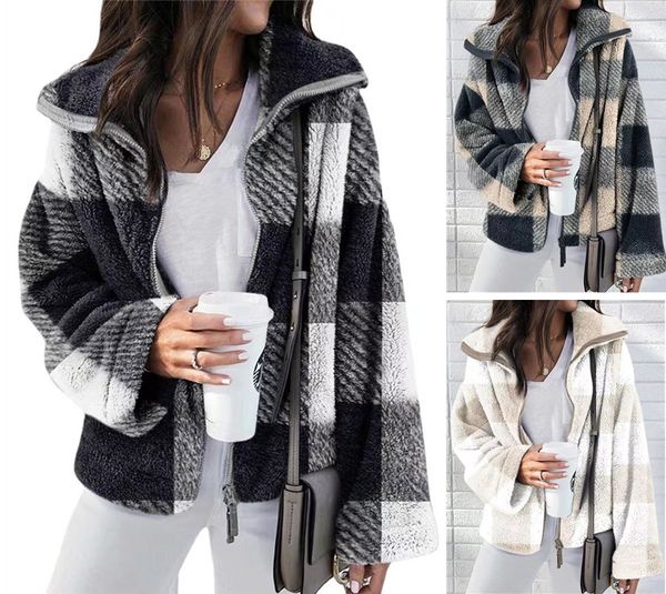 

women's jackets 2022 autumn and winter new double-sided plush plaid coat plus size women's clothing, Black;brown