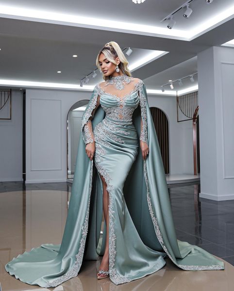 

elegant mermaid split evening dress with cape high neck long sleeve beaded formal arabic prom dresses custom made, Black;red
