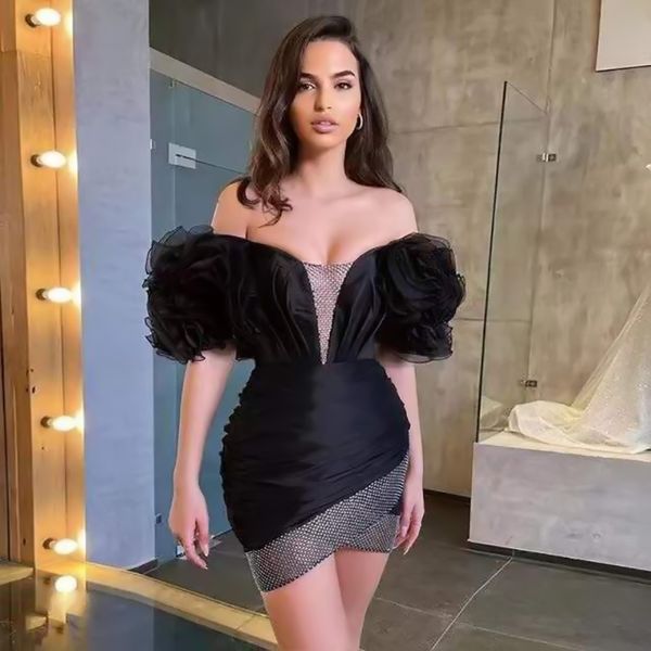 

women lady puff mini short dresses off shoulder birthday party bandage dress, White;black