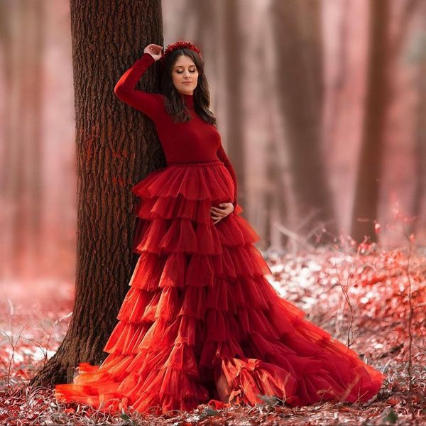 

red maternity dress for pshoot long sleeve prom dresses ruffles skirt baby shower gowns vestido de novia, Black