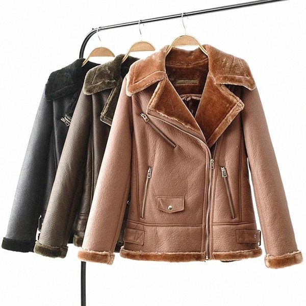 

women's leather & faux leather women's leather & faux 2022 women winter warm sheepskin fur coats lady zippers high street motorcyc, Black