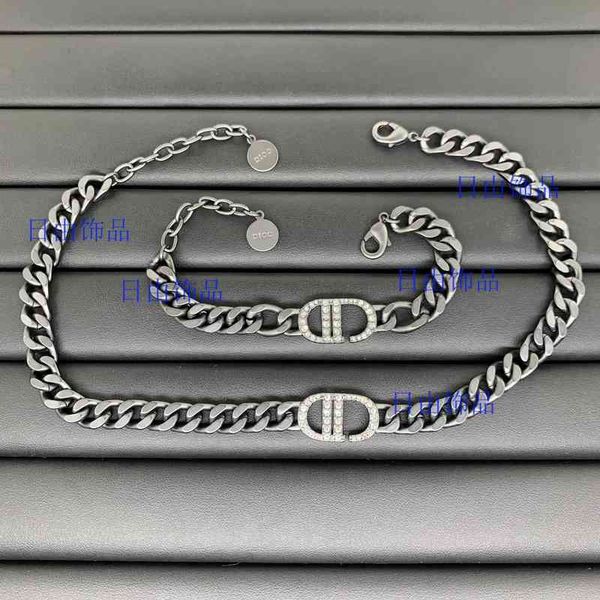 

set necklace new letter diamond inlaid black sweater chain bracelet women's simple fashion jewelry, Silver