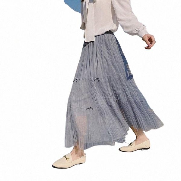 

skirts early spring 2022 high waist thin mesh stitching bow skirt mid length lace pleated for women skirts 05vd#, Black