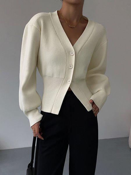 

women s knits tees solid v neck cardigans for women casual elegant autumn knitwear vintage single breasted knitted sweater lantern sleeve ca, White