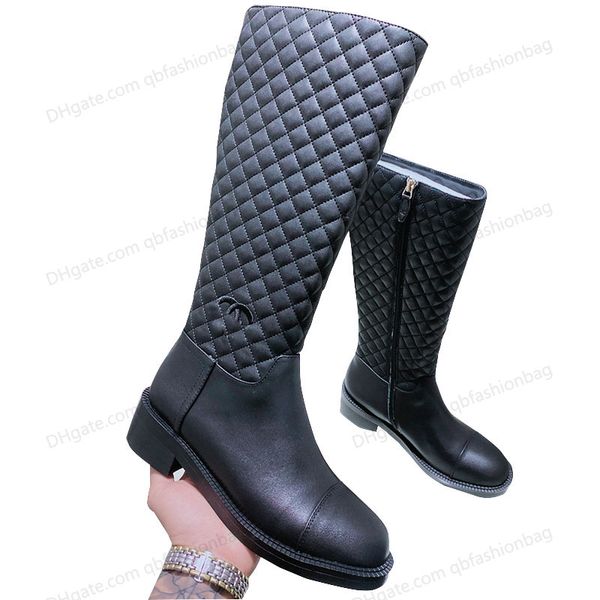 

black boots for women knee high wide calf calfskin quilted texture metal zipper low heel riding boot cowboy chelsea western fashion elastic