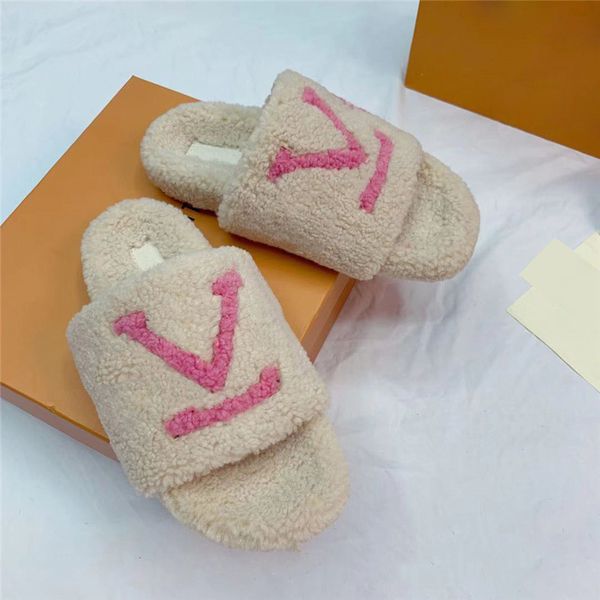

fur slippers women designer sandals flat heel mules winter warm plush slides shoes luxurious with box eu42, Black