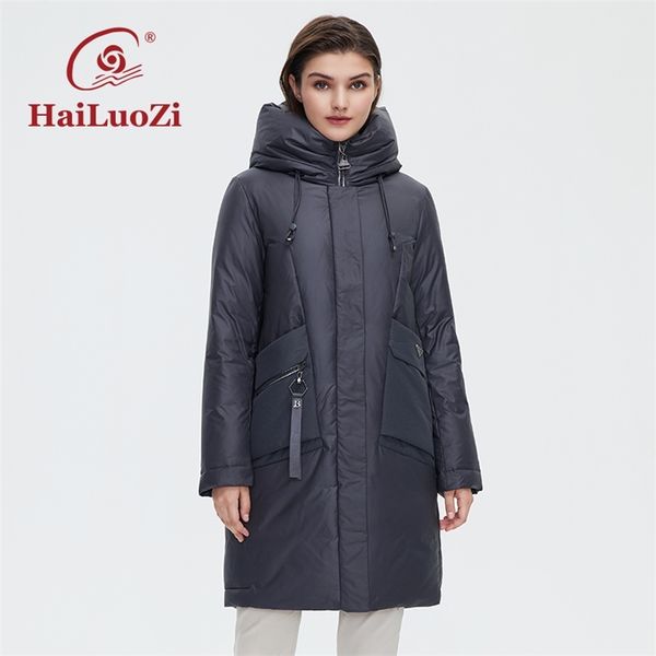 

womens down parkas hailuozi womens winter jacket high collar middle length thick lady coat fashion big pocket elegant female parkas 6026 220, Black