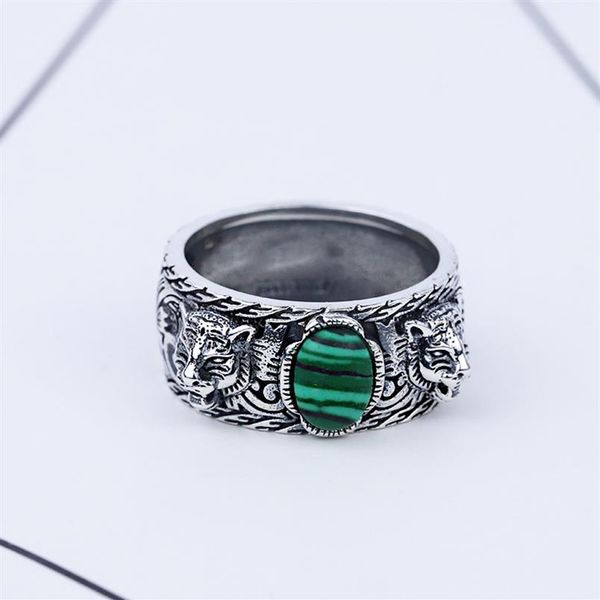 

s925 silver tiger head ring retro sterling silver inlaid malachite double tiger head ring men and women trend hip hop turquoise ri302s