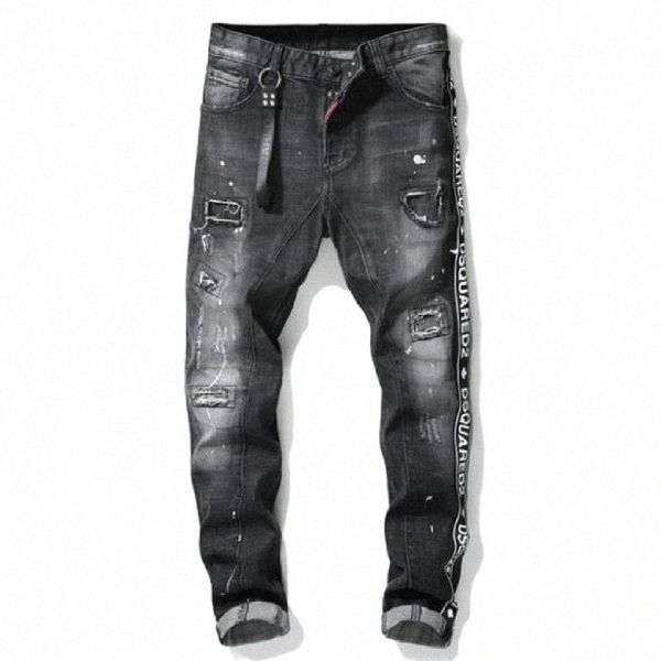 

men's jeans spring tattered splash-ink patchwork men slim stretch jeans black tight hip-hop pants european american fashion ripped men&, Blue