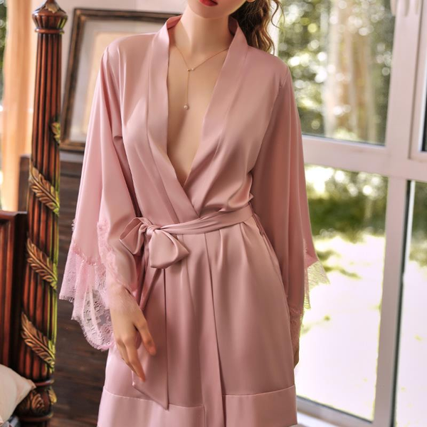 

lace satin patchwork womens sleepwear homewear bride bridesmaid wedding kimono, Black;red