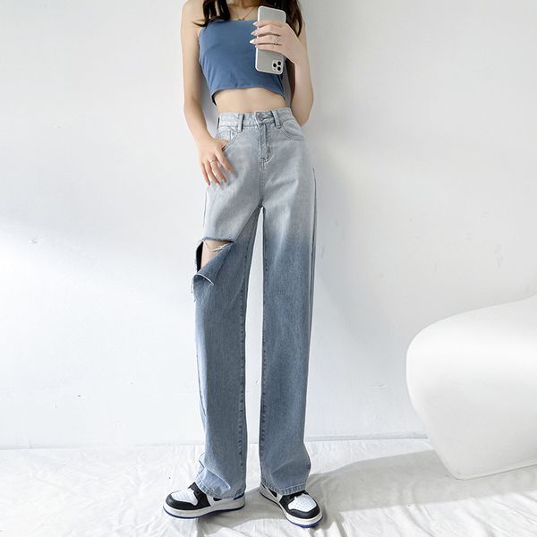 

women s jeans ripped women classic gradient blue baggy washed retro high waist straight loose wide leg woman large size denim pants 220902