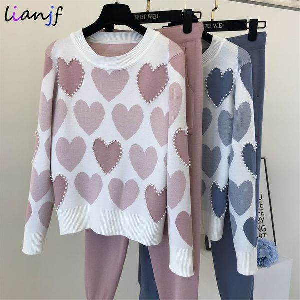 

womens two piece pants fashion women sweater 2 piece sets chic knit embroidery bead heartshape pullovers spring harem pants sport tracksuits, White