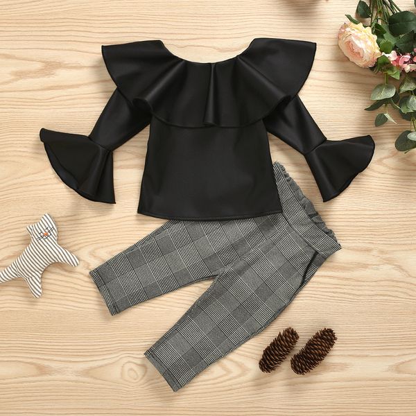 

kids girl clothes set ruffle collar leather with plaid pants 2pcs outfits trendy girl clothing, White