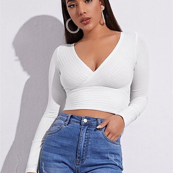 

womens t shirt women casual solid long sleeve crop tshirt fashion vcollar bare midriff stretch ribbed knitted elastic slim skinny tees 2209, White