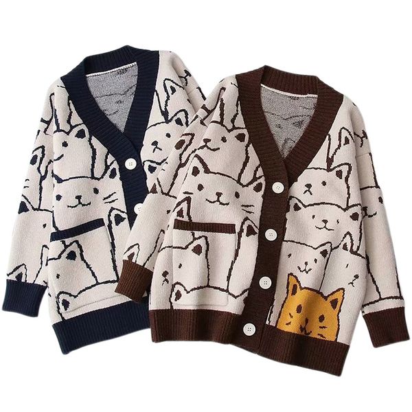 

women s knits tees sweter rajut berkancing wanita u s kardigan longgar pola kucing kartun kerah v lengan panjang 220902, White