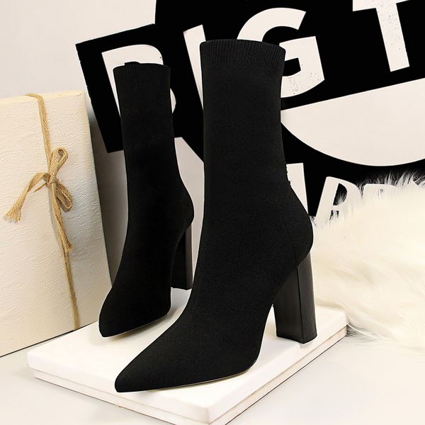

ankle boots for women shoes ladies womens chunky heel boot fashion thick-heeled pointed toe slim wool booties, Black