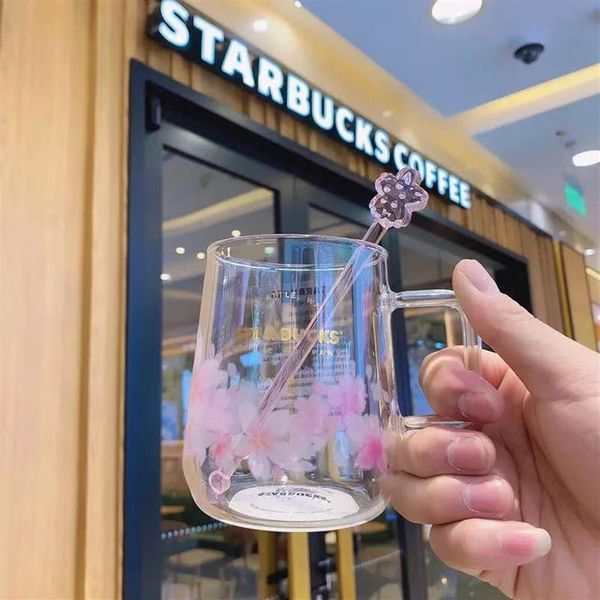 

300ml starbucks laser sakura mugs pink coffee water cup with stirring rod large capacity good gift product205x