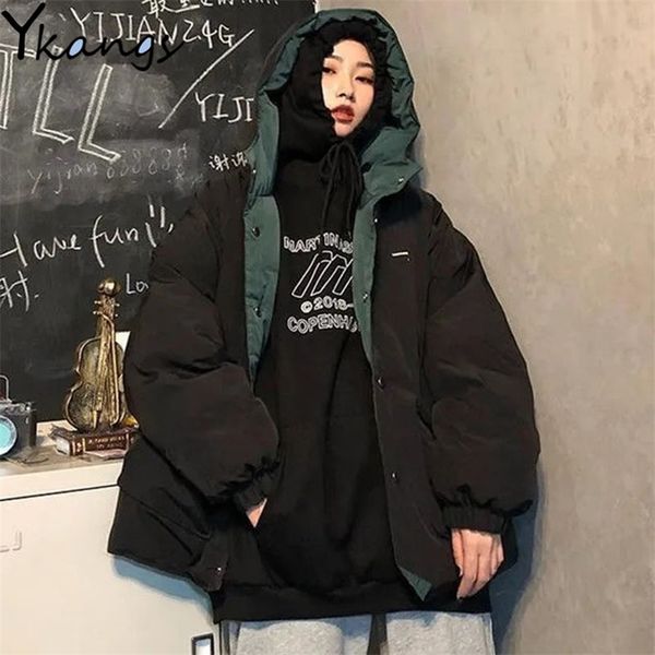 

women's down parkas both sides wear short oversize jackets women casual winter plus velvet warm loose letter print solid college korean, Black