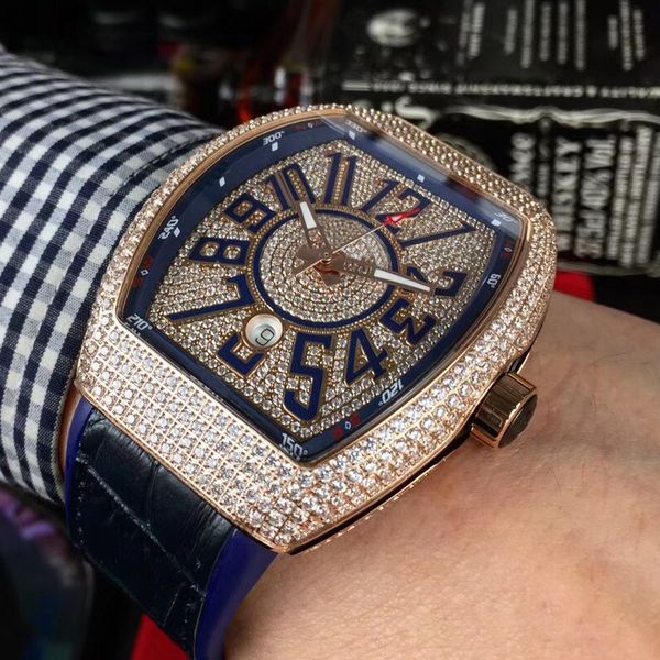 

2022 cz stones iced out watches rose gold men luxury automatic diamonds blue leather strap watch sapphire glass zirconia wristwatches waterp, Slivery;brown