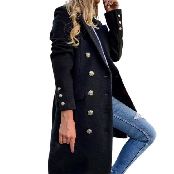 

women's trench coats long sleeve wool coat pure color breathable turndown collar doublebreasted women overcoat outerwear 220902, Tan;black