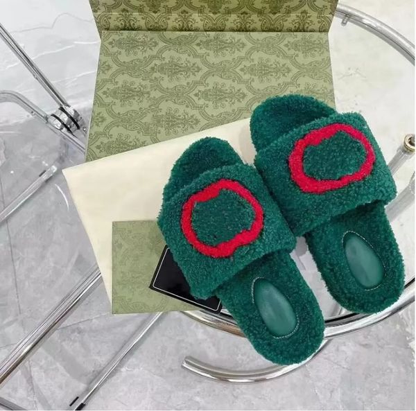 

with original box luxury ladies flat slippers premium wool ladies classic sandals plush green white casual wearproof sandal fashion warm wom, Black