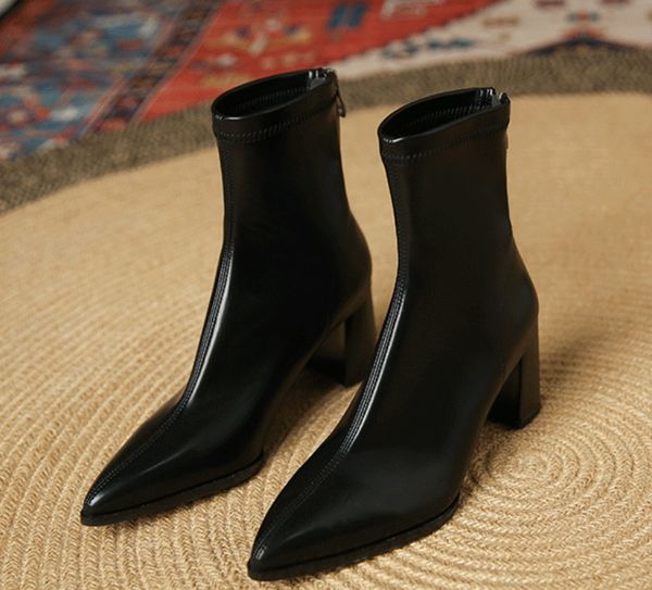 

soft leather pointed mouth fashion boots women's high-heeled martin boots thick heels elegant middle tube thin boots, Black