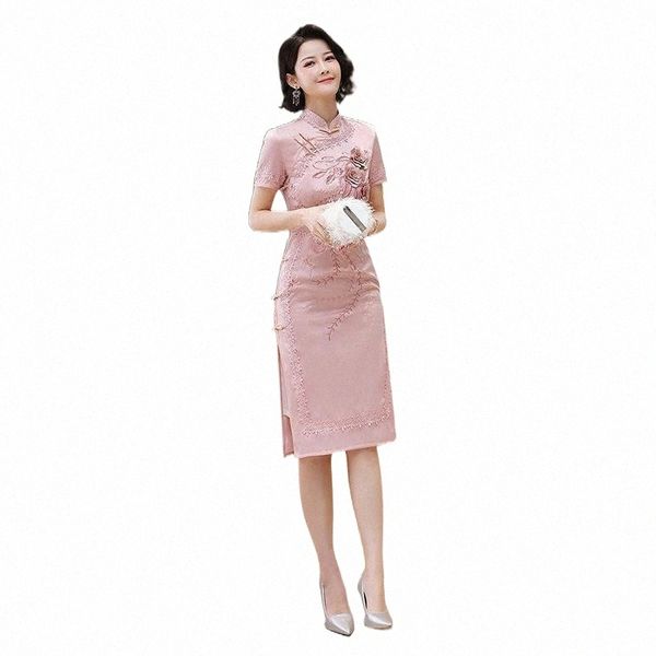 

ethnic clothing ethnic clothing pink embroidery flower choengsam elegant slim women qipao split chinese dress female daily vestidos big size, Red