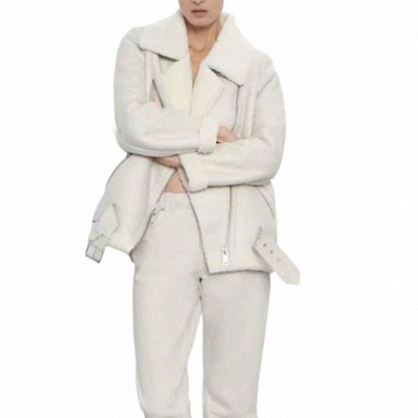 

women's leather & faux leather women's leather & faux winter lamb jacket women lambs wool fur collar pu moto zipper warm thick out, Black