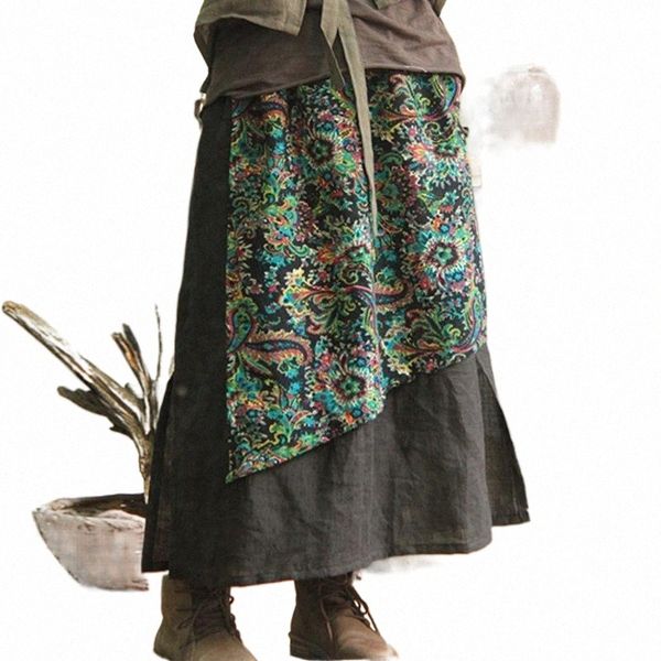 

skirts johnature vintage print women spring skirt 2022 simple loose ankle-length cotton linen patchwork retro skirts o7it#, Black