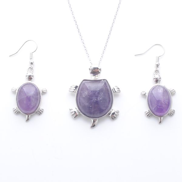 

jewelry sets dangle earring for lady anniversary gift natural stone amethysts tortoise pendant silver plated chain 45cm q3099