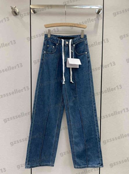 

fashion womens jeans wang 2022fw blue high waist drawstring jeans classic brand autumn loose pants luxury designer women clothing 0912