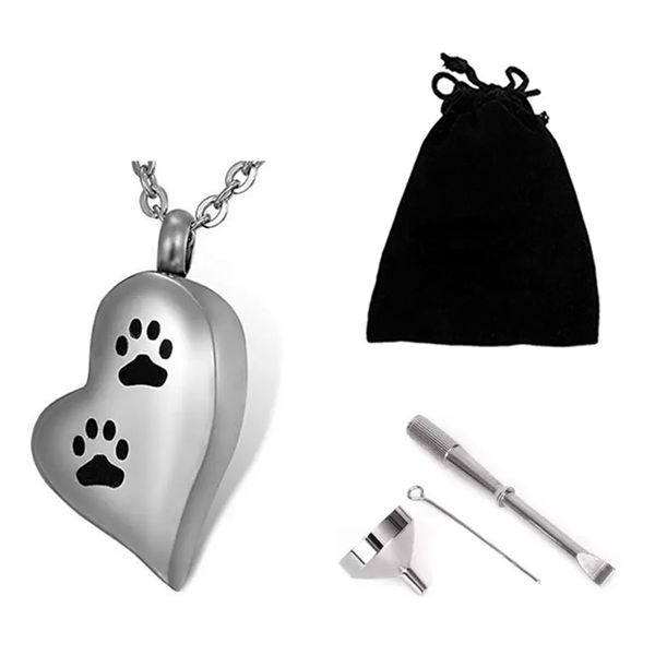 

funeral cremation pendant jewelry prints paw print heart-shaped urn of stainless steel to commemorate a loved one's pet necklace, Silver