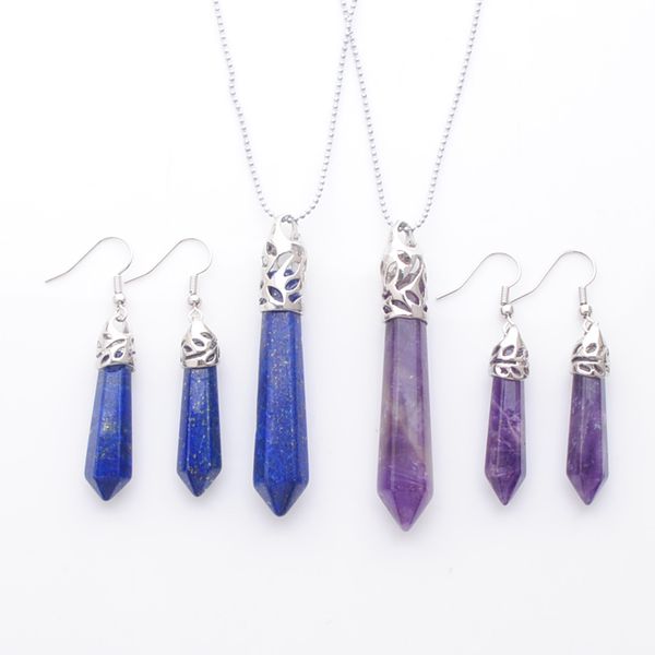 

dangle pendant earrings fashion jewelry set for women natural stone hexagonal pointed reiki gemstone necklace chain 45cm bq307, Silver