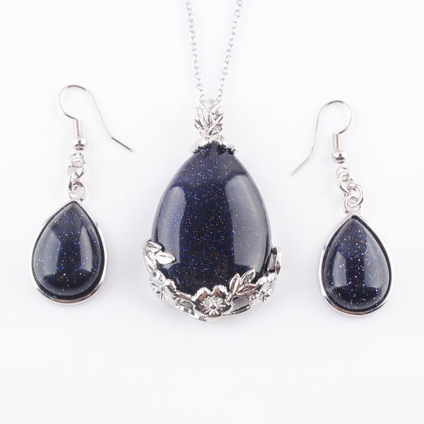 

jewellery sets for women natural blue sand gem stone pendulum pendant earrings necklaces chain 45cm length q3071, Silver