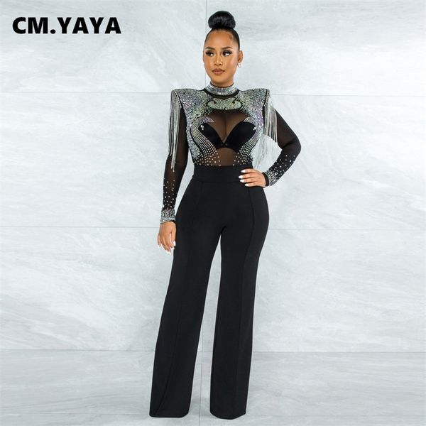 

women's jumpsuits rompers cm.yaya women solid high collar drill mesh shoulder cotton long sleeves straight party outfits 220902, Black;white