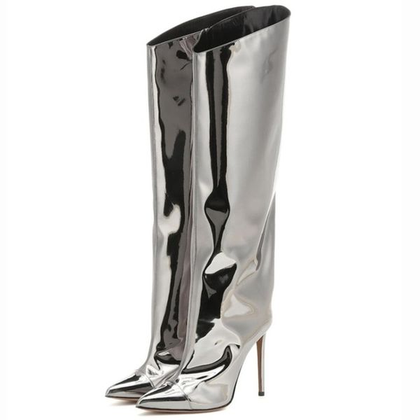 

boots nightclub ladies demonia candy color mirror leather women knee high heels stilettos runway shoes botas mujer 220902, Black