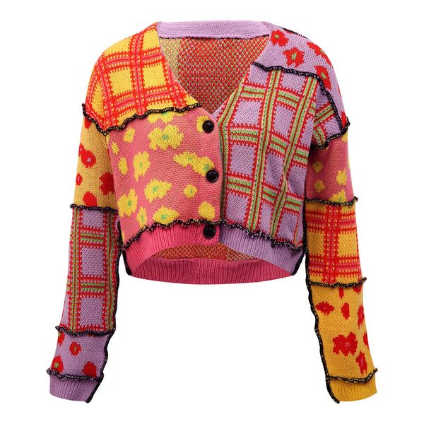 

women s knits tees women autumn winter long sleeve knitwear ladies floral plaid splicing single breasted knitted coat casual cardigan sweate, White