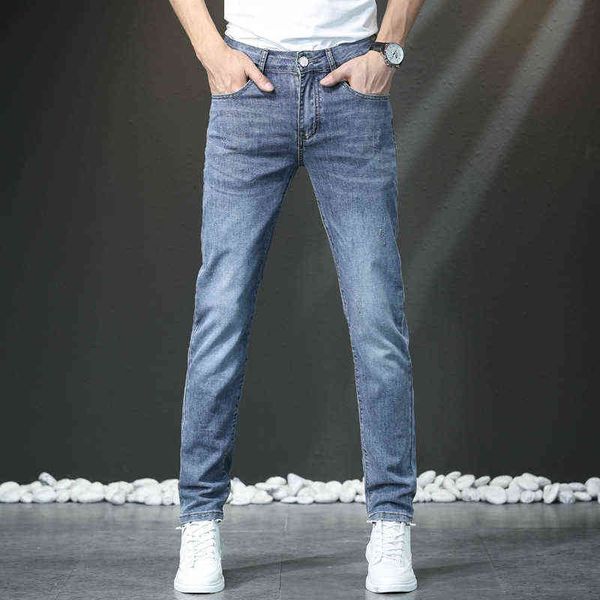 

jeans summer for young men korean elastic slim fit brand men's long pants, Blue