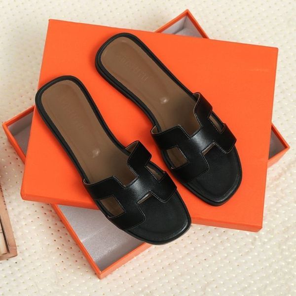 

ms slipper oran herme slipper red leather h slippers womens summer fashion wear new versatile flat bottomed beach sandals european station w, Black
