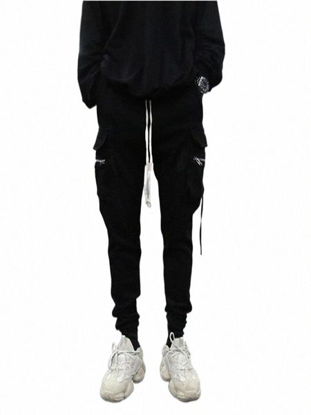 

men's pants men's pants cargo dark wind three-dimensional pocket ribbon slim high street large size casual 75m4#, Black