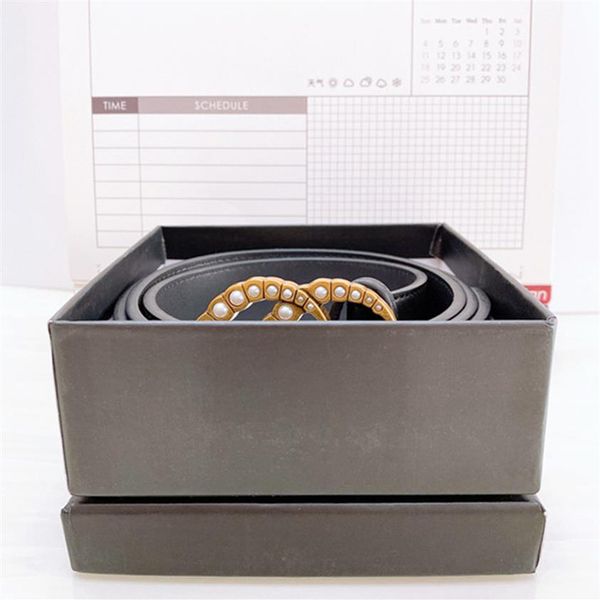 

2021 pearl belts luxury designer women letter fashion alloy leather smooth double golden rhinestones buckle jeans ladies wedding d297j, Black;brown