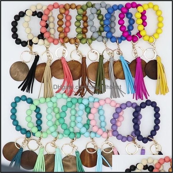 

key rings elastic force bracelet key ring round wood beaded tassels keybuckle solid color simple jewelry drop delivery 2021 newdhdhywc, Slivery;golden
