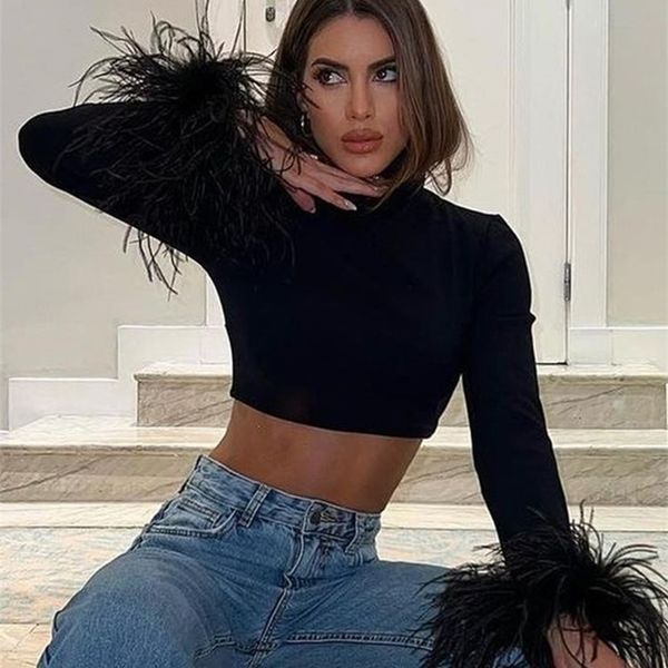 

womens t shirt taovk womens basic black tshirts ladies turtleneck crop fit skinny long sleeve ostrich feather streetwear outfits 220902, White