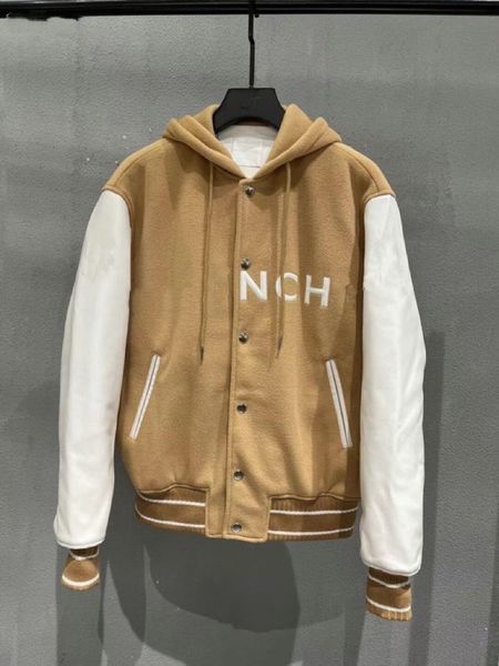 

leather sleeves men's and women's autumn loose jacket hooded baseball uniform casual jacket stitching woolen outdoor warm coats to, Black;brown