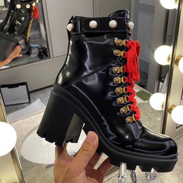 

woman's leather martin boots shoes lace up ribbon belt buckle ankle boots factory direct female rough 9.5cm high heel round head autumn, Black