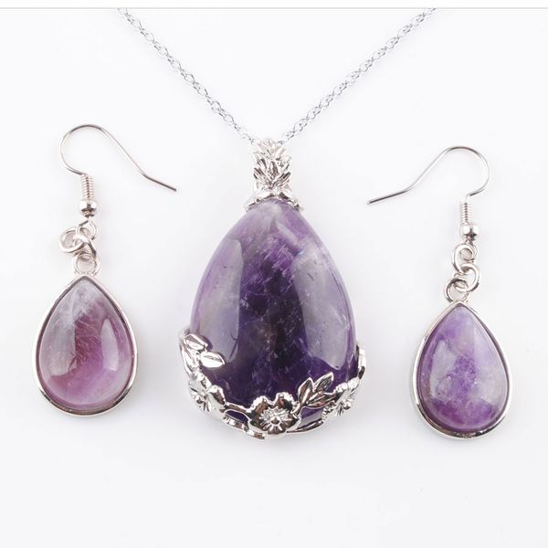 

healing purple crystal necklace earrings set water drop reiki natural amethyst stone pendant for women jewelry sets gift q3074, Silver