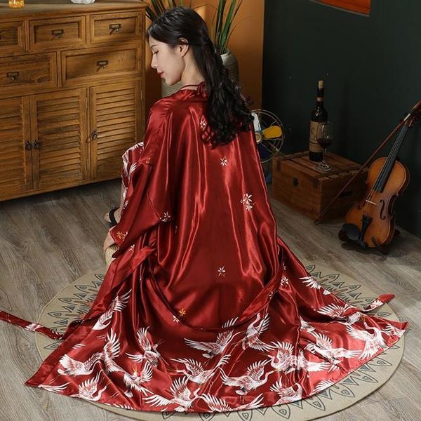 

female print crane kimono womens sleepwear robe set long nightgown bride, Black;red