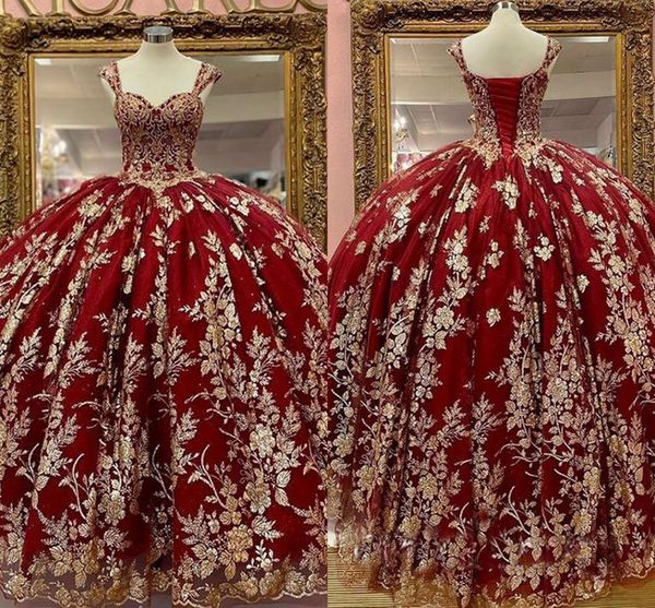 

2023 gold leaves floral lace quinceanera dresses burgundy spaghetti beaded strapless ball gowns pageant prom sweet 16 dress bling tulle, Blue;red