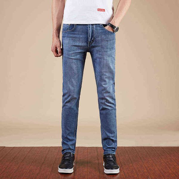

thin summer men's jeans korean slim fit feet elastic brand long pants, Blue