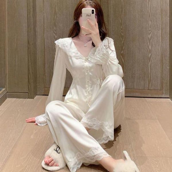 

lace satin sleepwears patchwork women beige pajamas suit long sleeve home, Black;red